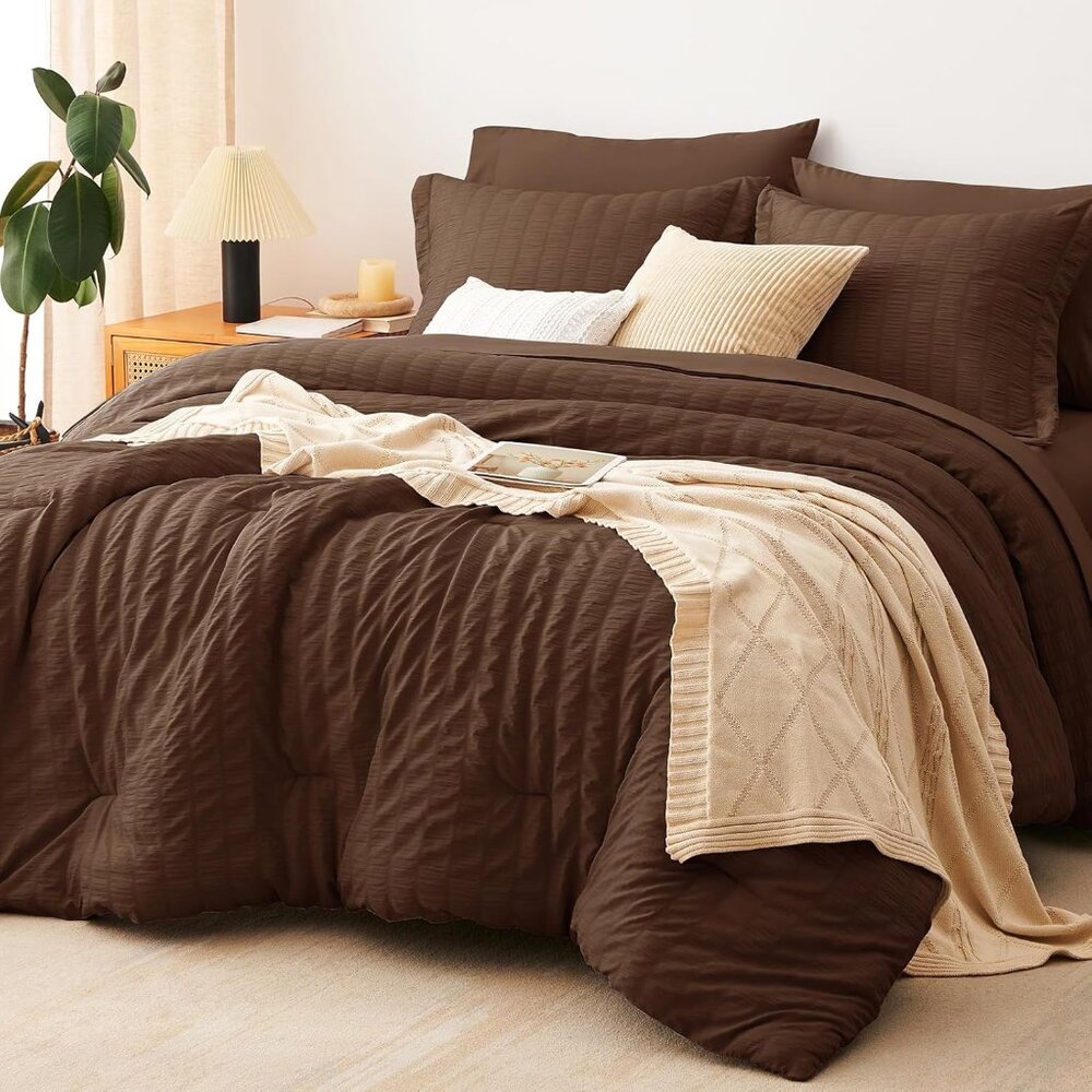 New King Size Comforter Set Brown Seersucker 7 Pieces Bed in a Bag King Comforte